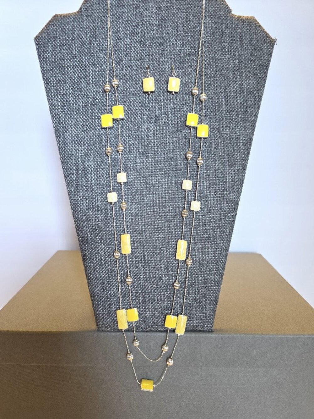 Yellow Ivory Beaded Long Necklace Earrings Set Double Strand 35"